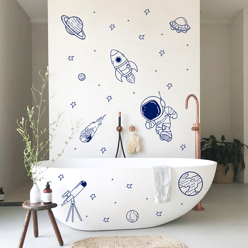 漫画宇宙宇宙飛行士惑星ロケットウォールステッカー自己粘着子供 - Baby Nursery Vinyl のレビューと価格