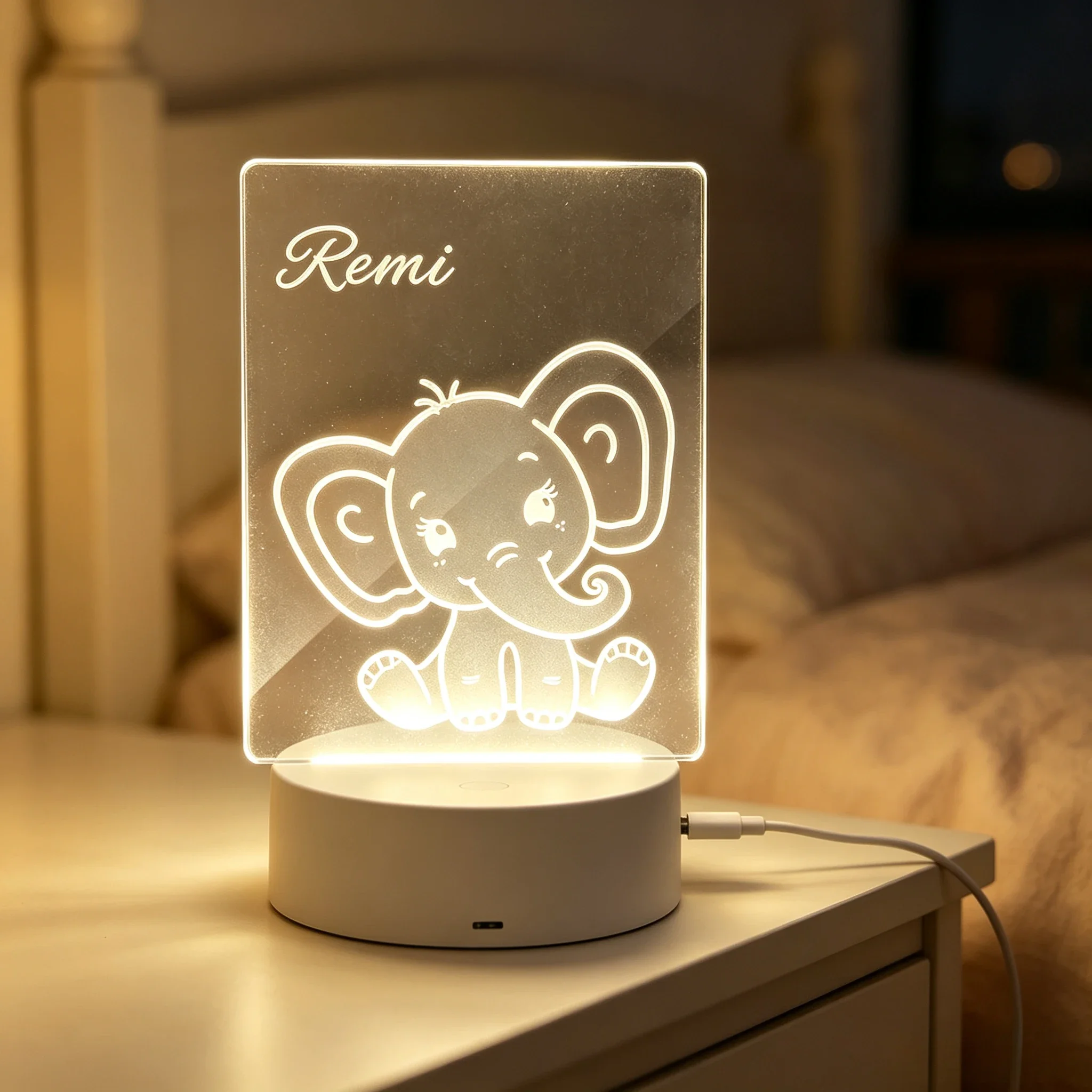 カスタムネーム入りキュートな赤ちゃん象のシルエットアクリルナ - Baby Nursery Night Light のレビューと価格