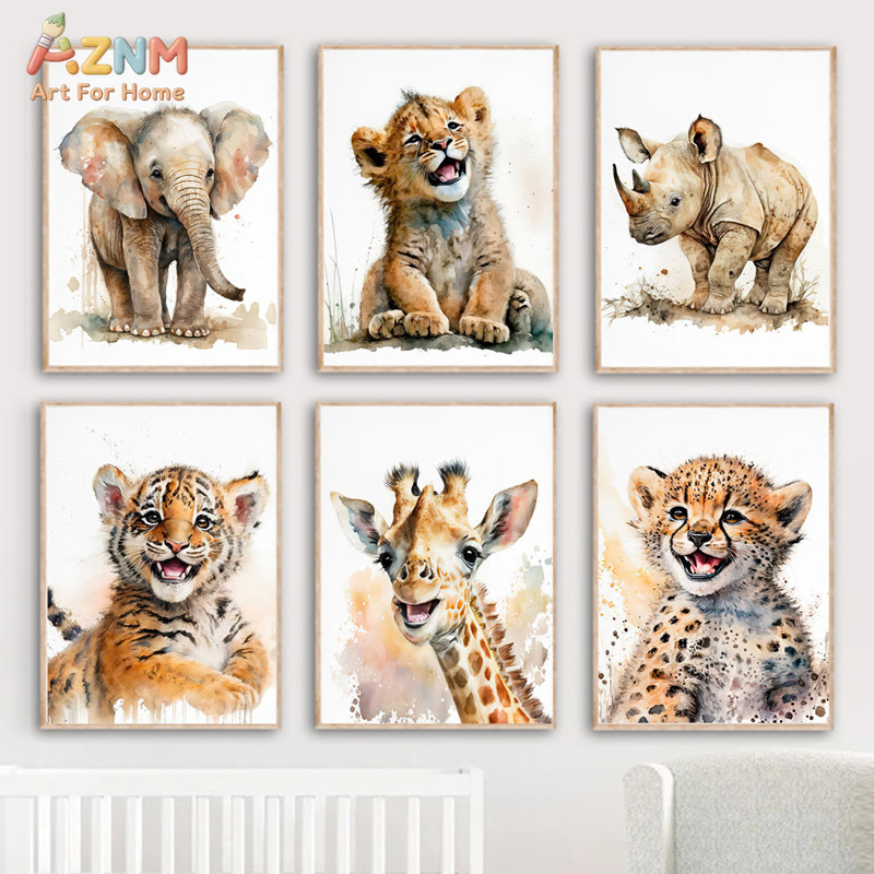 AZNm 水彩サファリ赤ちゃん動物キャンバスウォールアート、 - Baby Zebra Nursery のレビューと価格