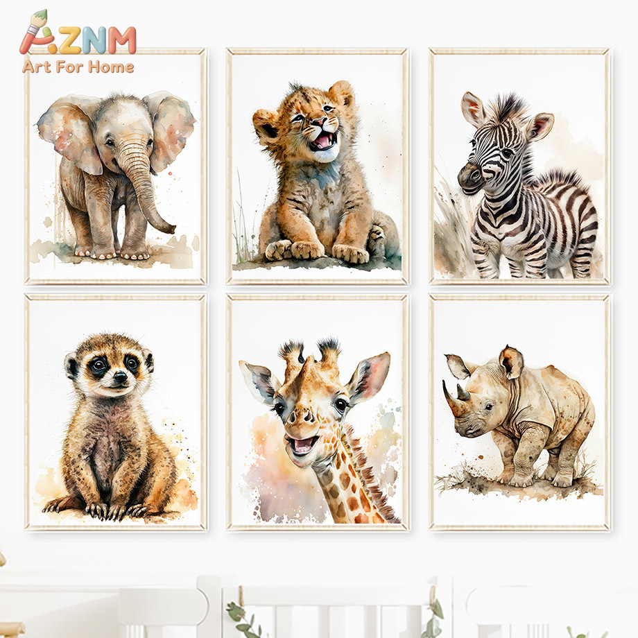 AZNm 水彩サファリ赤ちゃん動物キャンバスウォールアート、 - Baby Zebra Nursery のレビューと価格